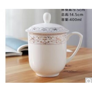 卡汐沐 陶瓷茶杯带盖骨办公会议金边泡茶杯 骨瓷-太阳岛