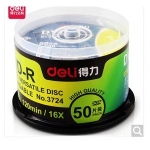 得力 (deli) DVD-R空白光盘刻录光碟碟片记录式DVD光盘 刻录盘 50片/筒 3724，销售单位：盒
