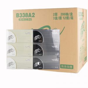 清风 B338A2 盒装抽纸 抽面纸纸巾 商务 206mm*195mm*2层*200抽/盒 3盒/提 12提/箱 （计价单位：箱）
